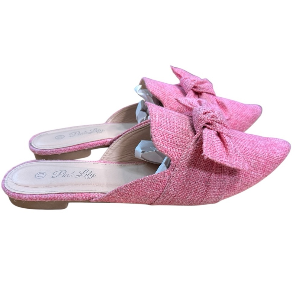 Pink Lily Pink Bow Pointed Toe Mules Tweed Size 10 - Picture 9 of 13